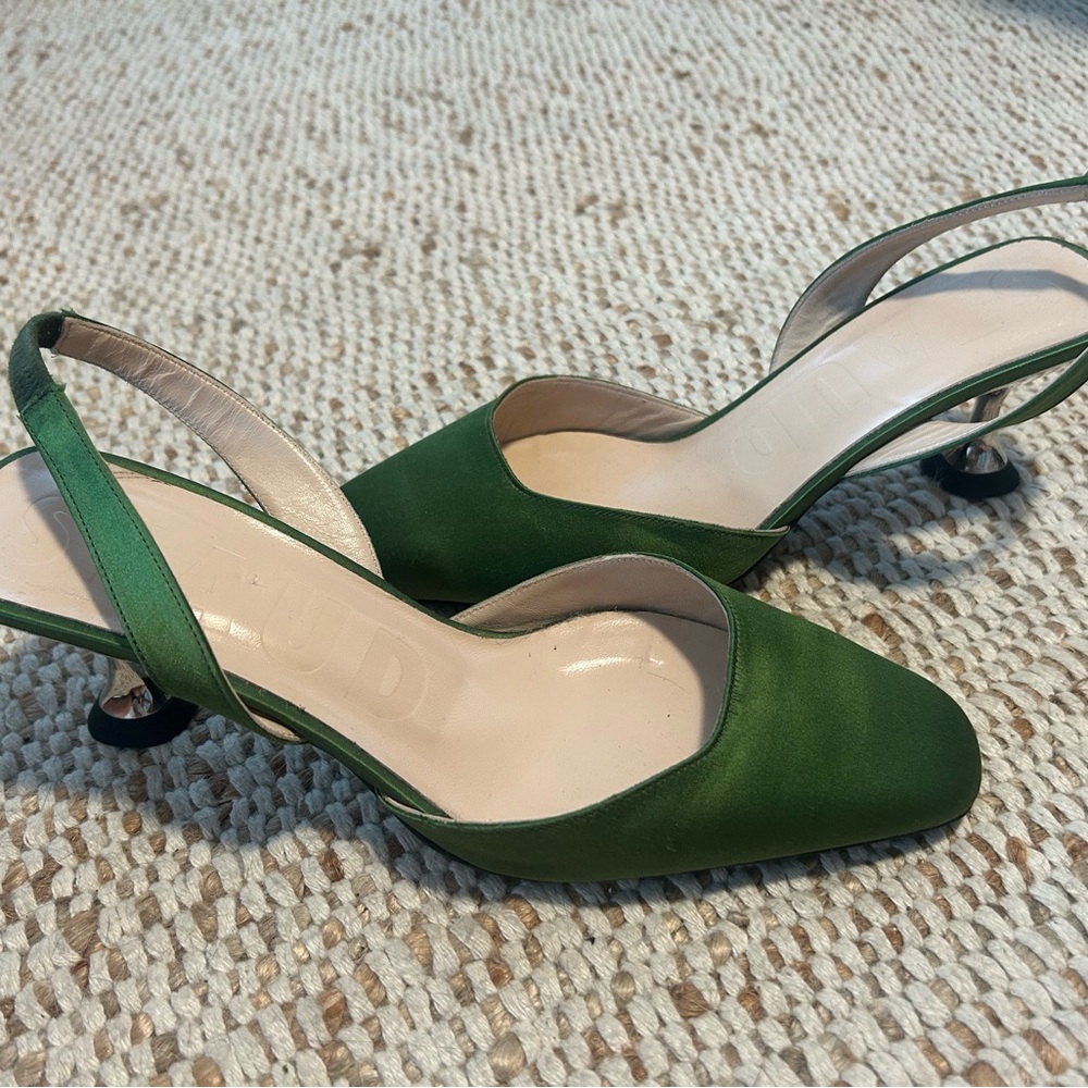 Staud Satin Green Slingback Heels